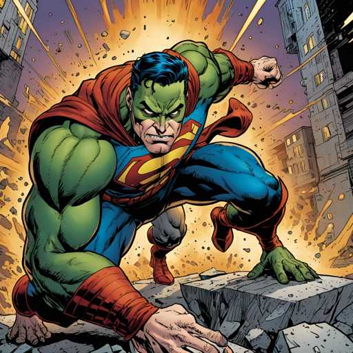 The image depicts a muscular man with green skin and blue hair wearing a red cape, standing on the edge of a cliff overlooking a cityscape filled with buildings and explosions. The man is in a crouched position, suggesting he is either preparing to jump off or has just jumped from his vantage point.