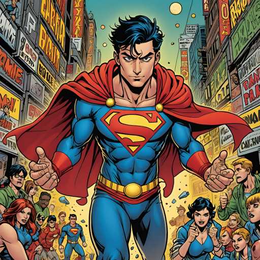 The image depicts a vibrant scene from the comic book series "Superman" featuring a superhero named Superman standing on a city street surrounded by a crowd of people. The superhero is wearing his iconic blue suit with gold accents and a red cape, which billows in the wind as he strides forward. The background shows buildings lining the street, suggesting an urban setting for this scene.