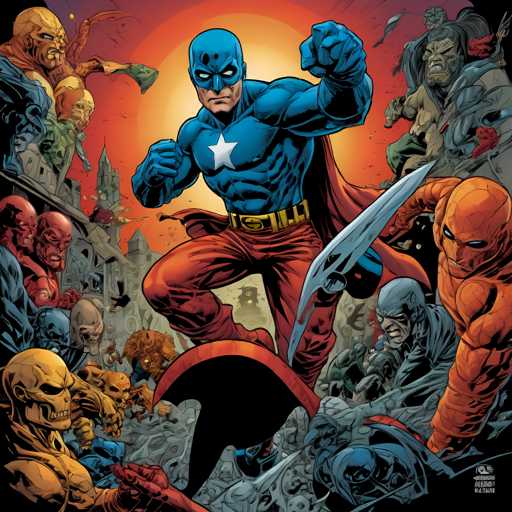 The image depicts a superhero character with blue hair and a red cape, standing on a rock surrounded by other superheroes and villains. The superhero is holding a sword and shield, ready to defend themselves against the threats around them.