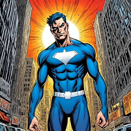 The image depicts a man dressed as Superman standing on a street surrounded by tall buildings and cars. The man is wearing a blue suit with white accents and has his arms crossed over his chest in a confident stance.