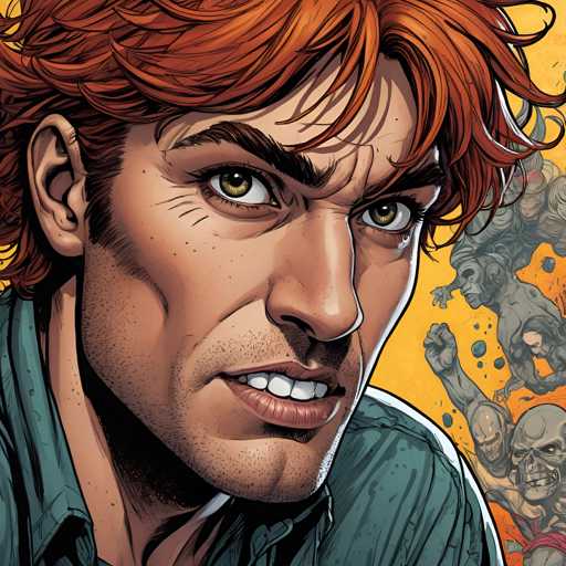 The image depicts a man with vibrant orange hair wearing a green shirt and blue jeans against an orange background featuring a graphic of a group of people. The man is looking directly at the camera, giving off an intense and focused expression.