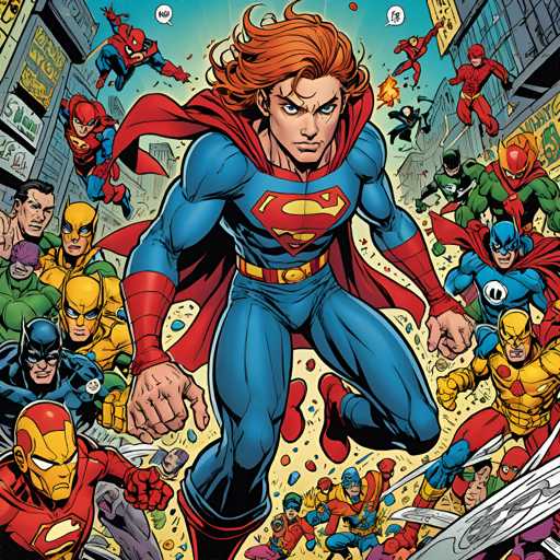 The image depicts a group of superheroes gathered together on a city street. The superheroes include Superman, Batman, and Wonder Woman, among others. They are standing close to each other, with their arms outstretched in various poses, suggesting they might be engaged in conversation or preparing for an action.