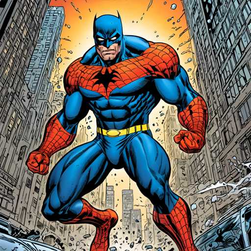 The image depicts a superhero character known as Spiderman standing on his hands and feet in the center of a cityscape filled with buildings and cars. The character is wearing a blue suit with red accents and a yellow belt around his waist. The background features an orange sky with white clouds, creating a vibrant contrast to the urban setting below.