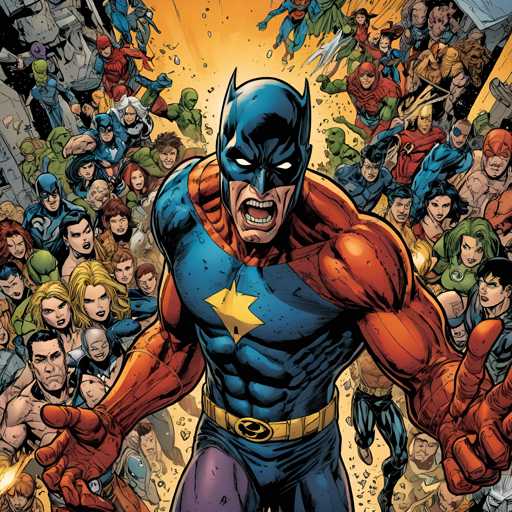 The image depicts a man dressed as Batman standing in front of a crowd of people wearing colorful costumes and holding weapons. The background is filled with explosions and debris, creating an intense atmosphere.