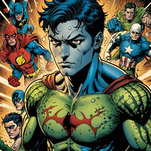 The image depicts a muscular man with blue hair and a green suit standing in the center of a comic book-style scene featuring six other characters from various superhero stories. The background is a vibrant mix of orange and yellow colors, creating an intense atmosphere that complements the action-packed nature of the scene.