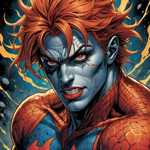 The image depicts an illustration of a character with striking red hair and a blue face, wearing a red and orange suit that is detailed with spider web patterns. The character's expression appears to be intense or angry, as indicated by the red eyes and mouth.