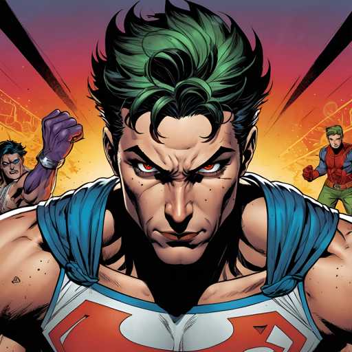 The image depicts three individuals with distinct appearances and poses against a vibrant sunset background. The central figure is a muscular man wearing a blue shirt and green hair styled into a spiky mohawk. To his left, another individual is seen in a purple outfit, while on the right side of the frame, there's a person dressed in a red suit with a green tie.
The scene is set against an orange sky that serves as a dramatic backdrop for this group photo.