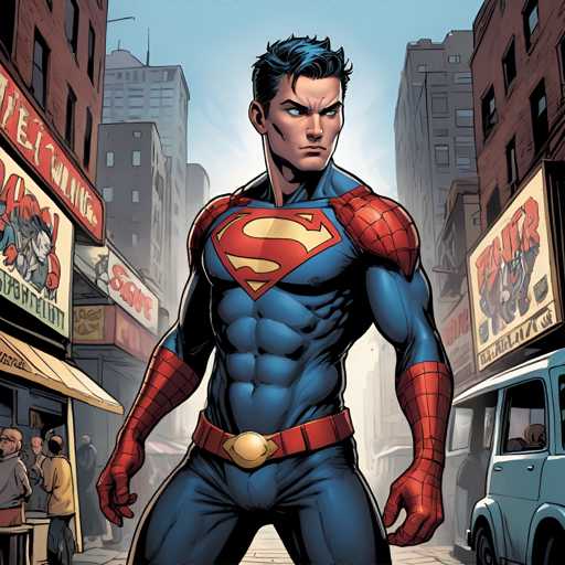 The image depicts a man dressed as Superman standing on a street corner surrounded by buildings and signs. The man is wearing a blue suit with red accents and a gold belt buckle, and his arms are crossed over his chest in a confident stance.