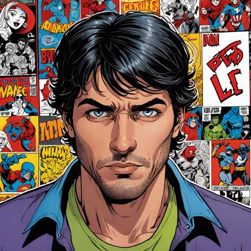 The image depicts a man with dark hair wearing a green shirt and blue jeans standing against a backdrop of comic book covers featuring characters such as Superman, Batman, and Spiderman. The colors in the image are predominantly red, black, and yellow, creating a vibrant and dynamic scene.