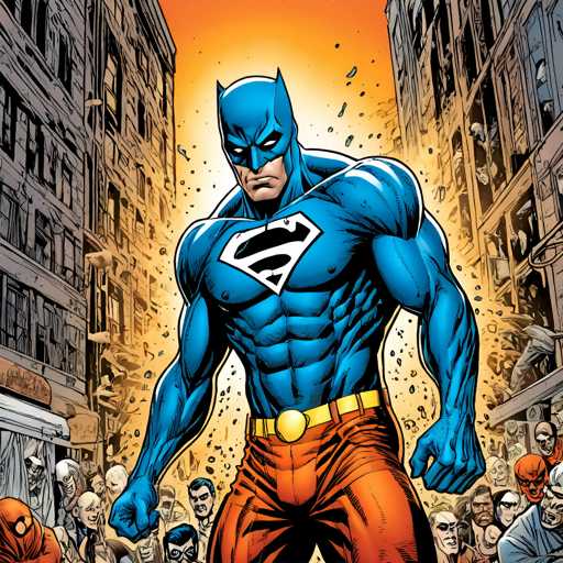 The image depicts a blue-skinned superhero standing in front of a crowd of people wearing orange and black clothing. The superhero is holding up his fist in a gesture of strength or determination. The background shows an urban setting with buildings and debris scattered around the scene.