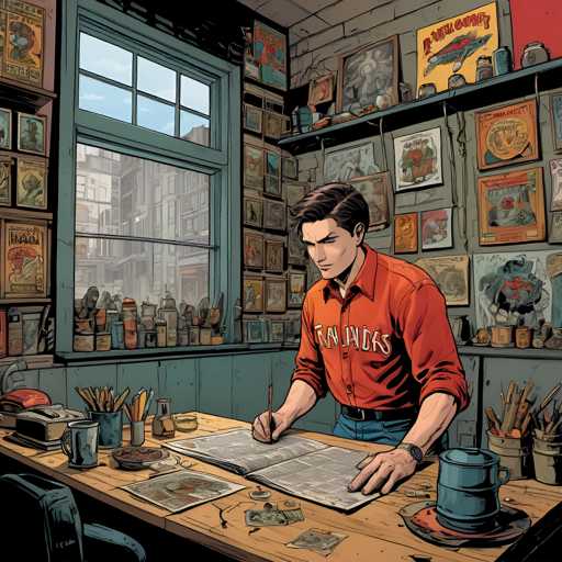 A man is sitting at a desk with a book open in front of him and a cup of coffee on the table next to it. The room has several paintings hanging on the walls above his head and a window that lets in natural light.