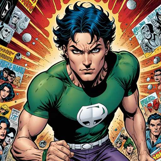 The image depicts a man with blue hair and a green shirt, standing in the center of a comic book cover that is predominantly red and orange. The background features various comic book characters and panels, creating an atmosphere reminiscent of a comic book store or a convention.