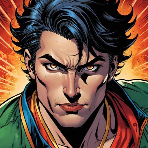 The image depicts a close-up portrait of a man with dark hair and blue eyes wearing a green jacket and red scarf. The background is a vibrant mix of orange and yellow colors, creating an intense atmosphere that complements the man's serious expression.