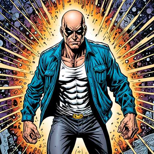 The image depicts a man with a bald head and a goatee standing in the center of a vibrant explosion. The explosion is composed of numerous bright orange and yellow lines radiating outwards from the man's face, creating an intense and dynamic atmosphere. The man is wearing a blue jacket over a white shirt and black pants.