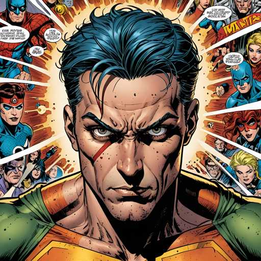 The image depicts a man with blue hair and a green shirt, surrounded by a group of people wearing colorful costumes. The background is filled with various comic book characters, including Spiderman, Batman, and the Hulk.