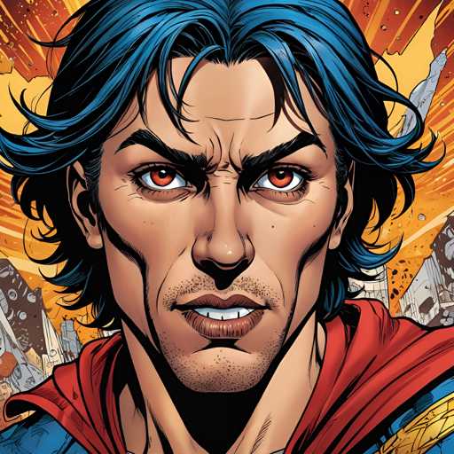 The image shows a close-up portrait of a man with blue hair and a red cape. The man's face is the main focus, with his eyes wide open and a serious expression on his face. The background features an explosion in shades of orange and yellow, creating a sense of chaos or danger.
