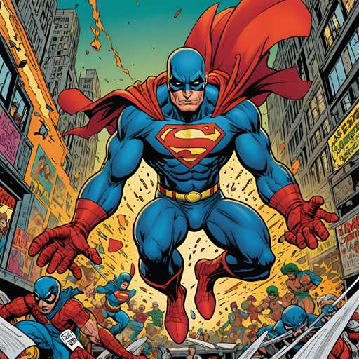 The image depicts a superhero character named Superman soaring through a cityscape filled with buildings and people. The superhero is wearing a blue suit with red accents and has his arms outstretched as he flies over the scene.