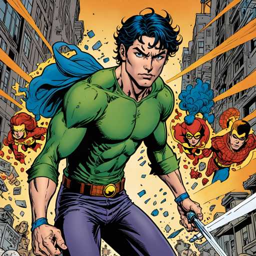 The image depicts a superhero named Blue Man standing in the center of an urban setting with buildings and debris surrounding him. The superhero is wearing a green shirt and blue pants, and he has a cape that flows behind him as he looks directly at the viewer. In the background, there are other superheroes also dressed in similar outfits, suggesting they may be part of the same team or group.
The style of the image is characterized by bold lines and bright colors, creating a sense of action and movement. The superhero's pose and facial expression convey determination and focus, while the surrounding debris adds to the chaotic atmosphere of the scene.