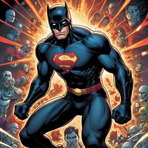 The image depicts a man dressed as Batman standing in front of a group of people wearing Superman costumes. The background is filled with bright orange and yellow lights, creating an intense atmosphere.