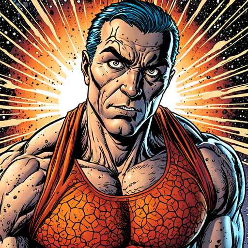 The image depicts a muscular man with blue hair wearing an orange tank top and holding a gun. The background is a vibrant explosion of colors, creating a sense of chaos and danger.