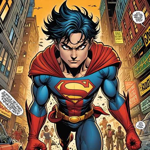 The image depicts a superhero character named Superman standing on a city street surrounded by buildings and people. The character is wearing a blue suit with gold accents and a red cape, and has his arms outstretched in a fighting stance.