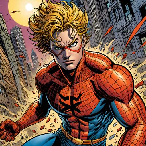The image depicts a man with blonde hair and glasses wearing a red and blue suit of spiderman-like proportions, holding a gun and standing on a city street surrounded by buildings.