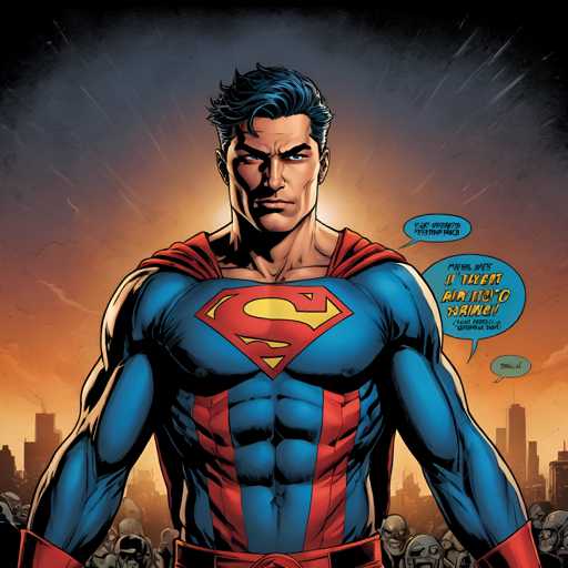 The image depicts a man dressed as Superman standing against an orange and yellow sky with clouds. The man is wearing a blue suit with red accents and has his arms crossed over his chest. He is positioned in the center of the frame, facing towards the right side of the image.