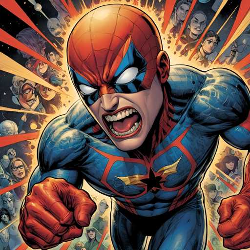 The image depicts a muscular man with a red and blue suit, wearing a mask that covers his eyes, and holding a sword in one hand while pointing the other towards an explosion of bright orange and yellow lights. The background is filled with numerous people, suggesting a crowded or chaotic setting.