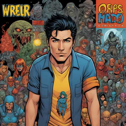 The image is a vibrant comic book cover featuring a man with blue hair and an orange shirt standing against a backdrop of various characters from the comic book "Ops Mad". The title of the comic book is prominently displayed in large white letters at the top.
