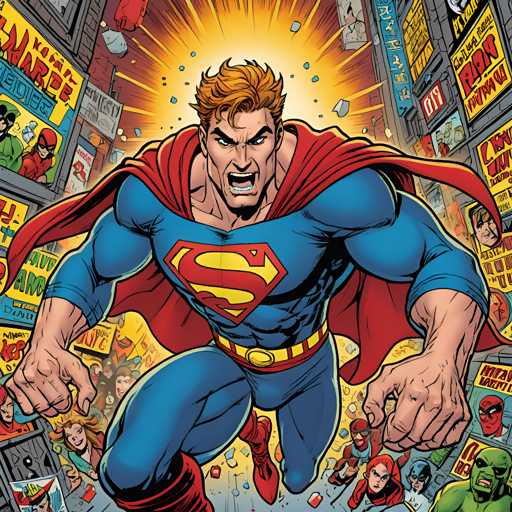 The image depicts a man dressed as Superman, with his cape billowing behind him and his muscles flexed outwards. The background is filled with various signs and advertisements for comic books and movies, suggesting the scene takes place in a bustling city or convention center.