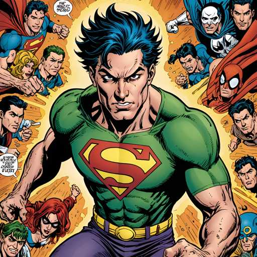 The image depicts a man wearing a green Superman costume with a yellow belt and blue hair, surrounded by other characters from the comic book series DC Comics. The background is filled with various characters in different costumes, creating a vibrant and dynamic scene that captures the essence of the DC Comics universe.