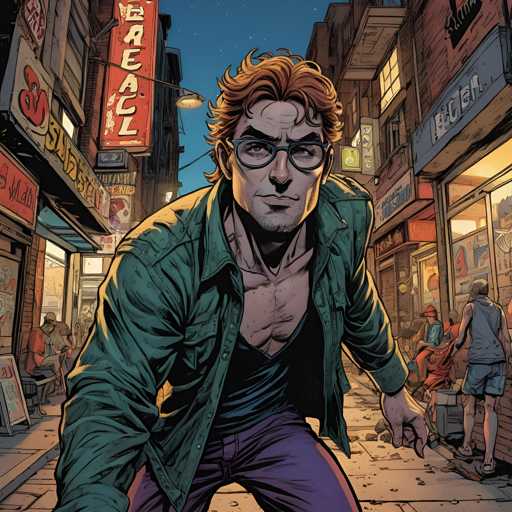 The image depicts a man wearing glasses and a green jacket walking down a city street at night. The man is the main subject of the illustration, with other people visible in the background but not as prominent features. The scene takes place on a city street lined with buildings and shops, creating an urban atmosphere.