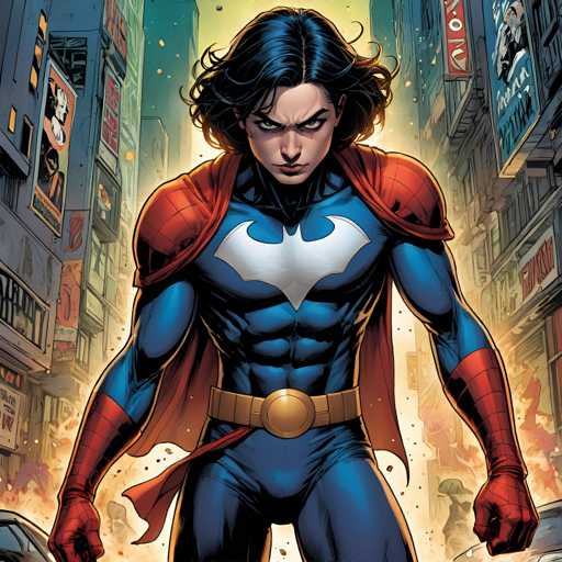 The image depicts a female superhero with blue hair and a red cape standing on the street surrounded by buildings and signs. The superhero is wearing a blue bodysuit with gold accents and a red cape that billows in the wind.