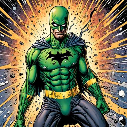The image depicts a green-skinned superhero with a yellow belt and a blue cape, standing against a backdrop of orange and yellow explosions. The superhero is positioned centrally within the frame, facing towards the right side of the image.
