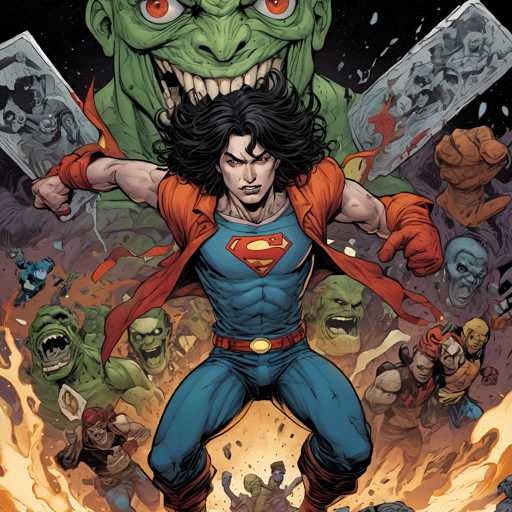 The image depicts a scene from the comic book series "Superman" featuring a man dressed as Superman with his iconic red cape and blue suit, surrounded by other characters such as a green monster and a group of people. The colors used in the illustration are predominantly orange, green, and black, creating a vibrant and dynamic atmosphere.