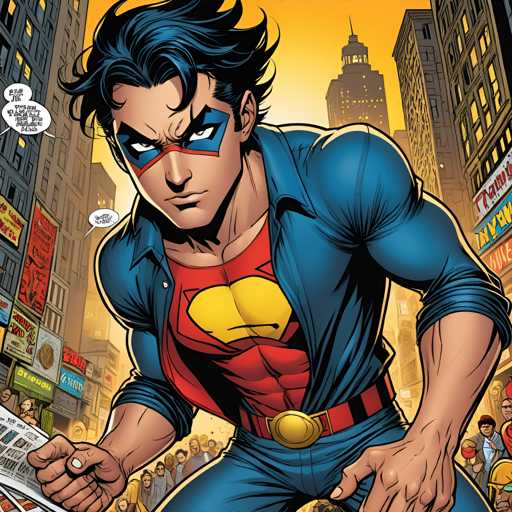 The image depicts a superhero character with blue hair and a red mask standing on a city street surrounded by buildings of various sizes and colors. The character is holding a newspaper and appears to be reading it while wearing a blue suit with gold accents.