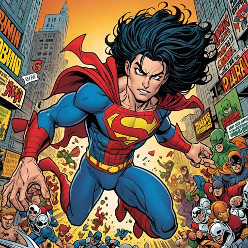 The image depicts a superhero character with long black hair and blue skin, wearing a red cape and a blue suit with gold accents. The character is flying through the air amidst a group of people in various costumes, including a person dressed as a robot and another as a green alien. The background shows buildings and signs for "Pamela's Pizza" and "BAD".