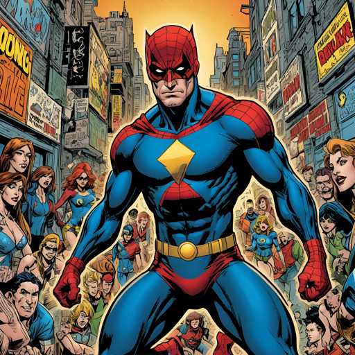 The image depicts a comic book-style scene featuring a superhero with blue and red body paint standing in the center of a city street surrounded by a crowd of people dressed in various colorful clothing. The superhero is holding a shield in one hand and a sword in the other, ready to protect the city from any threats.