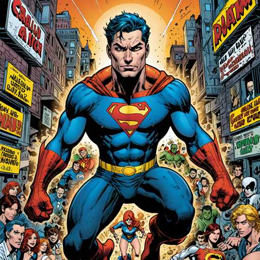 The image depicts a man dressed as Superman standing in front of a crowd of people and buildings. The man is wearing a blue suit with gold accents and a red cape, and he has his hands on his hips while looking directly at the camera. The background shows a cityscape filled with various buildings and signs, including one that reads "PRAAM".