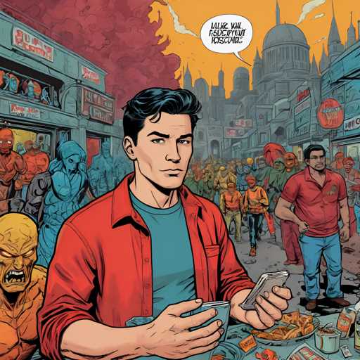 The image depicts a man dressed in a red shirt and blue jeans standing at the center of an urban scene with buildings and trees surrounding him. The man is holding a cell phone to his ear and appears to be engaged in a conversation or listening to music. In the background, there are other people present but they are blurred out, suggesting movement or activity beyond what the viewer can see directly.
