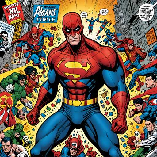 The image depicts a group of superheroes gathered together on a city street. The main focus is a man with the iconic red and blue suit of Spiderman, surrounded by other characters such as Superman, Batman, and Wonder Woman. The background shows buildings and signs typical of an urban setting.