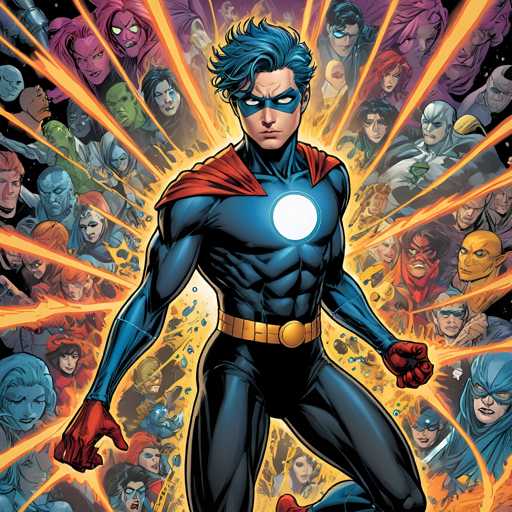 The image depicts a superhero with blue hair and a red cape standing in the center of a vibrant explosion of colors. The background is filled with various characters from comic books and movies, including Spiderman, Batman, and Superman.