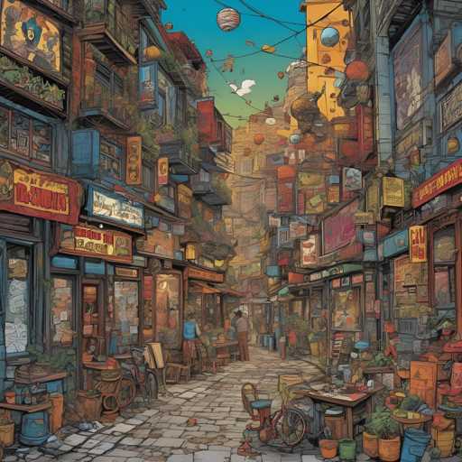 The image depicts a narrow street scene with colorful buildings and shops lining the sides of the road. The sky above is clear blue with fluffy white clouds. There are several people walking along the street, some carrying bags or baskets. A bicycle can be seen parked on the right side of the street.