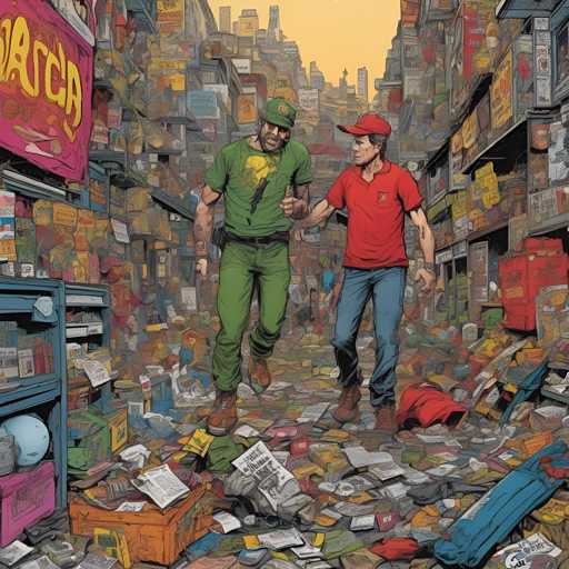 The image depicts two men walking through a city street filled with debris and rubble. One man is wearing a green shirt and the other is wearing a red shirt. They appear to be engaged in conversation as they navigate their way through the chaotic scene.