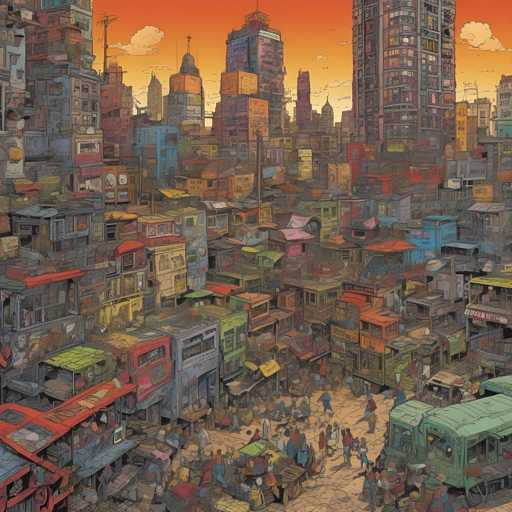 The image depicts a bustling city scene with tall buildings and colorful houses lining the streets. The sky is painted in shades of orange and yellow, creating a warm and inviting atmosphere. The perspective is from ground level, looking up at the towering structures that fill the frame. The colors used are predominantly red, blue, green, and yellow, adding vibrancy to the scene.