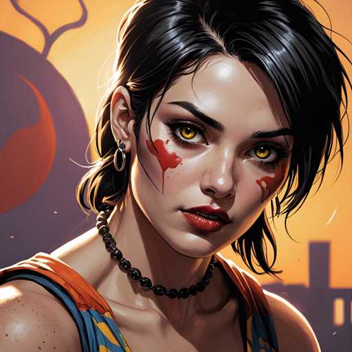 The image depicts a woman with dark hair and red lipstick wearing a blue tank top. She has a black necklace around her neck and is looking directly at the camera. The background features an orange and purple gradient that creates a warm and vibrant atmosphere.