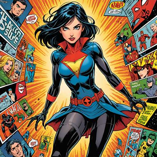 A dynamic, full-body illustration of Supergirl in a vibrant, action-packed comic book style. She is positioned centrally, facing forward with a determined expression and her arms outstretched as if ready for action. Her costume is predominantly blue, red, and black, with a distinctive yellow "S" shield on her chest. The background is a burst of golden energy radiating outwards, with numerous speech bubbles and panels surrounding her, showcasing various superhero characters from different comic book universes. The overall style is bold and energetic, typical of a modern comic book illustration.