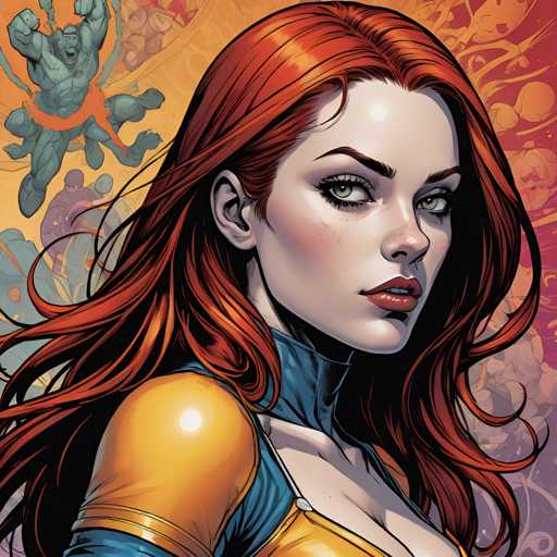 The image depicts a woman with vibrant red hair and striking blue eyes wearing a yellow outfit that includes a yellow shirt and a matching yellow skirt. The background features a colorful abstract pattern of orange, pink, green, and purple hues.