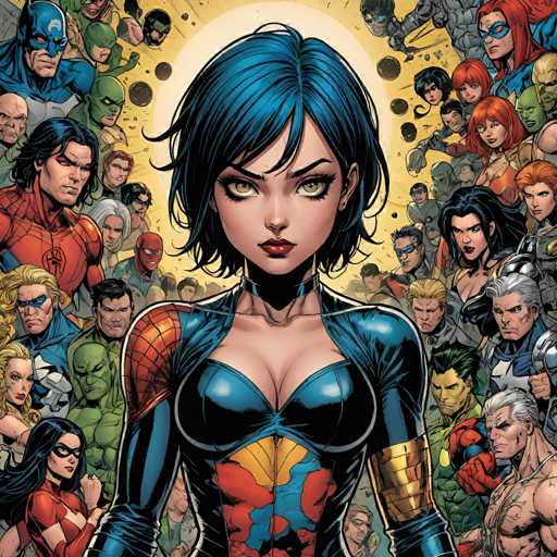 A vibrant, close-up illustration of a powerful superheroine, likely a character from the DC Comics universe. She is positioned centrally, facing directly towards the viewer with a confident and intense gaze. Her short, dark blue hair is styled in a slightly tousled fashion, framing her face with sharp cheekbones and piercing green eyes. She wears a sleek, dark blue and red superhero suit with a distinctive gold emblem on her chest. The suit features a high, textured collar and appears to be made of a glossy material. 

The background is a dynamic explosion of other superheroes, all rendered in various poses and expressions, creating a sense of a vast team or gathering. The overall color palette is bold and saturated, with deep blues, fiery reds, and vibrant golds dominating the scene. The lighting is dramatic, highlighting the central figure while casting shadows that add depth and intensity to the composition. The style is reminiscent of modern comic book art, with sharp lines and dynamic action.
