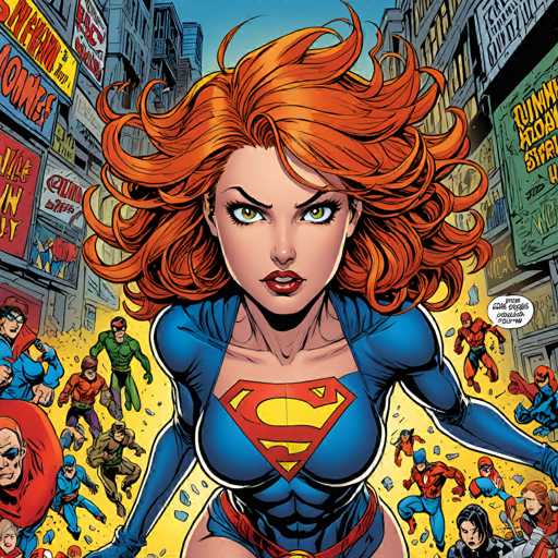 A dynamic, close-up illustration of Supergirl in a vibrant comic book style. She's positioned in the center, facing directly towards the viewer with a determined and intense expression. Her fiery red hair is dramatically flowing outwards, framing her face. She's wearing her iconic blue and red suit with the prominent yellow Superman "S" shield on her chest. 

The background is a bustling city street, filled with various buildings and signs in a comic book aesthetic. Other superheroes are scattered around her, some flying, others landing, adding to the sense of action and scale. The overall color palette is bright and bold, with strong contrasts between the blue suit and the red hair. The lighting emphasizes her face and body, highlighting her powerful physique. 

The style is reminiscent of classic comic book art, with dynamic lines and a focus on character expression. The composition draws the viewer's eye directly to Supergirl, emphasizing her strength and determination.